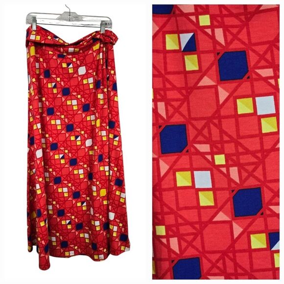 NEW LuLaRoe Maxi Skirt 2XL 22/24 Red Geometric Long Jersey Knit Plus Size Flowy - Picture 1 of 8